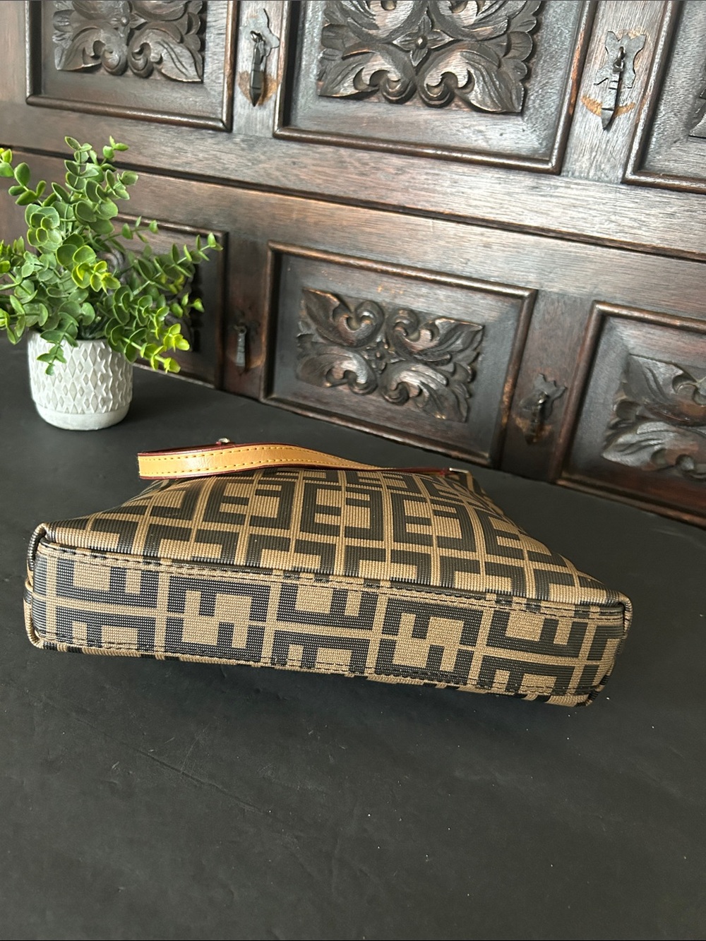 Brown Patterned Shoulder Bag with Leather Strap - Picture 5 of 7